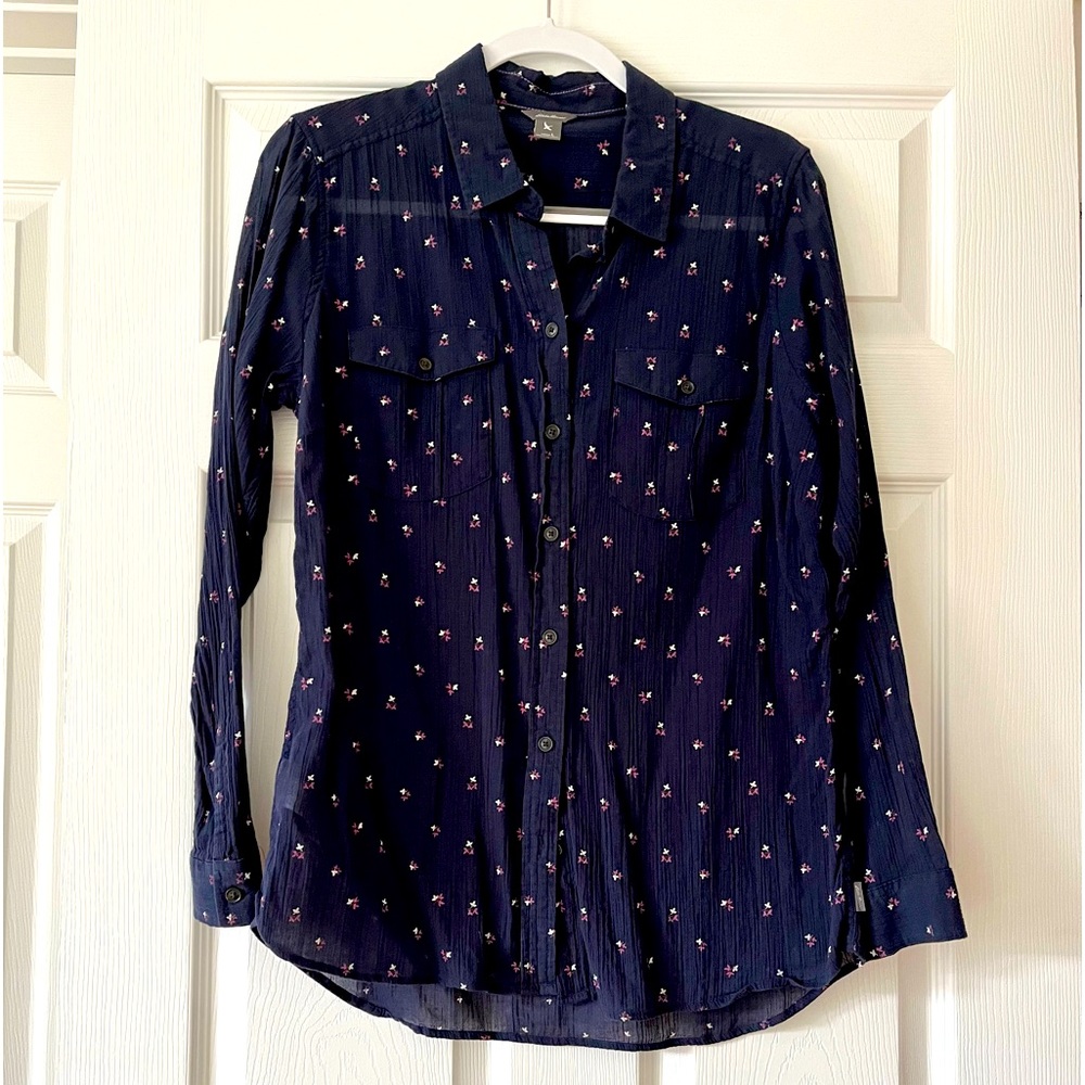 Eddie Bauer Packable Floral Print Long Sleeve Blouse Size L Navy/Purple